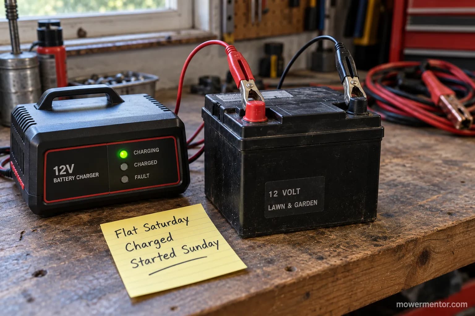Husqvarna mower battery on a bench charger instead of being jump-started with cables.