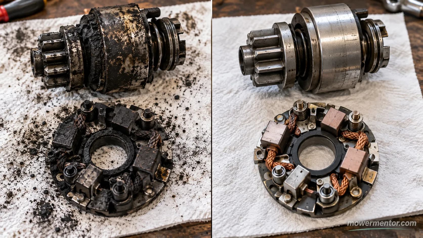 Worn lawn mower starter Bendix and brushes before and after cleaning