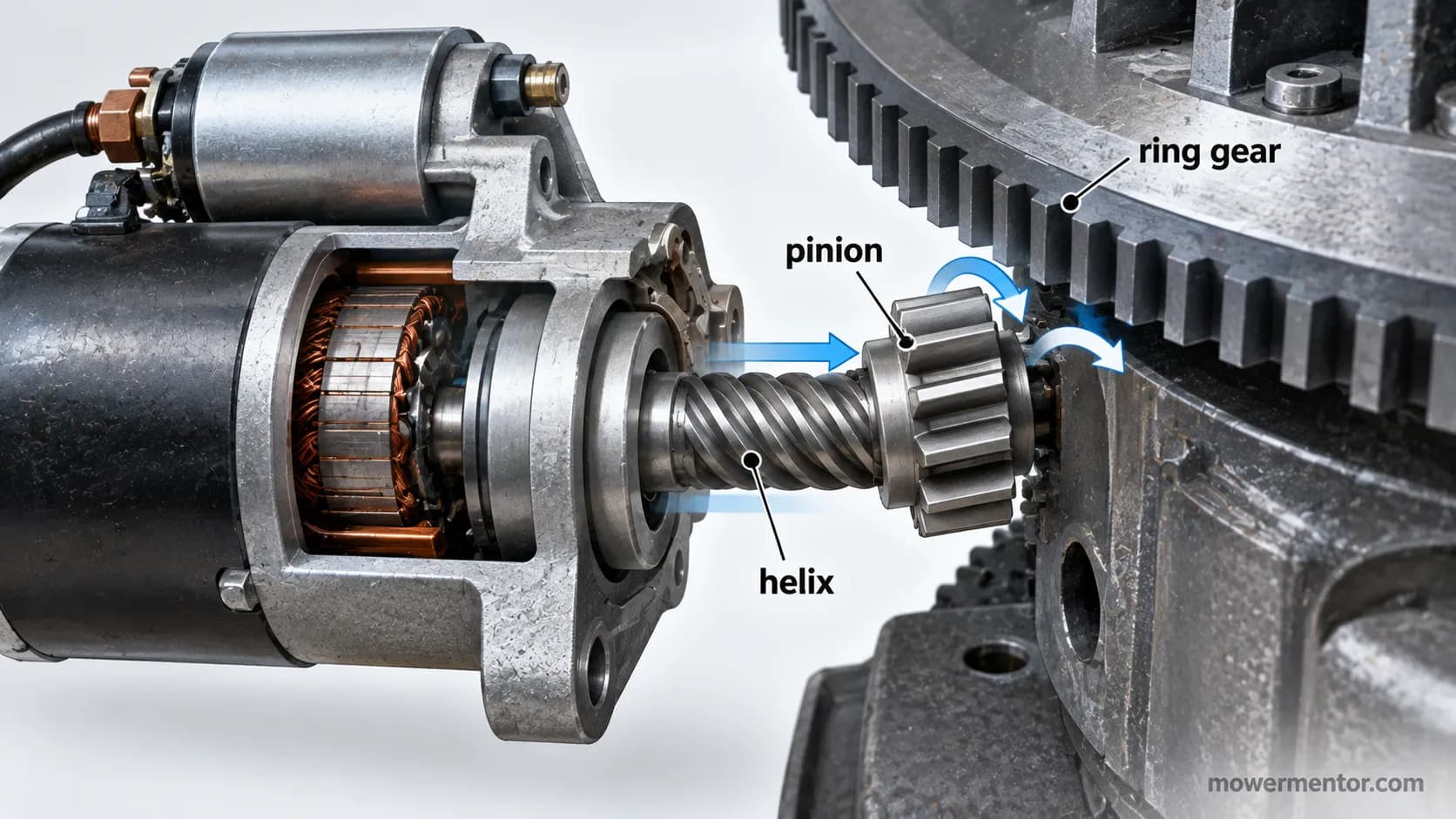 diagram of a starter pinion engaging a flywheel ring gear
