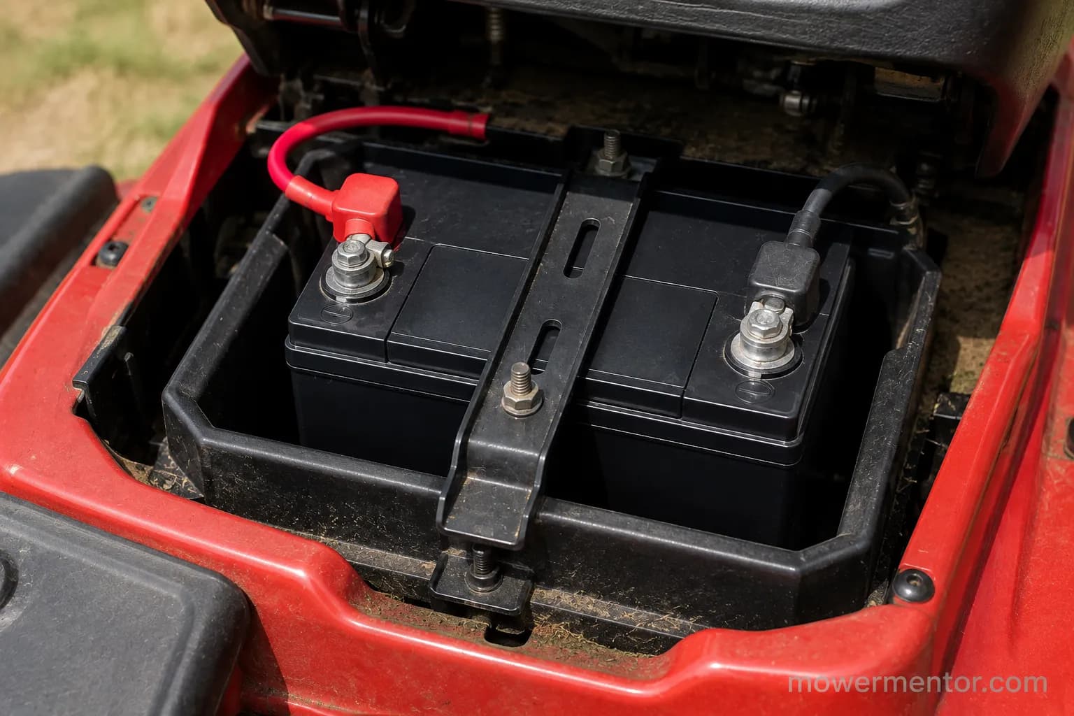 Replacement U1 battery installed in a Craftsman riding mower tray.