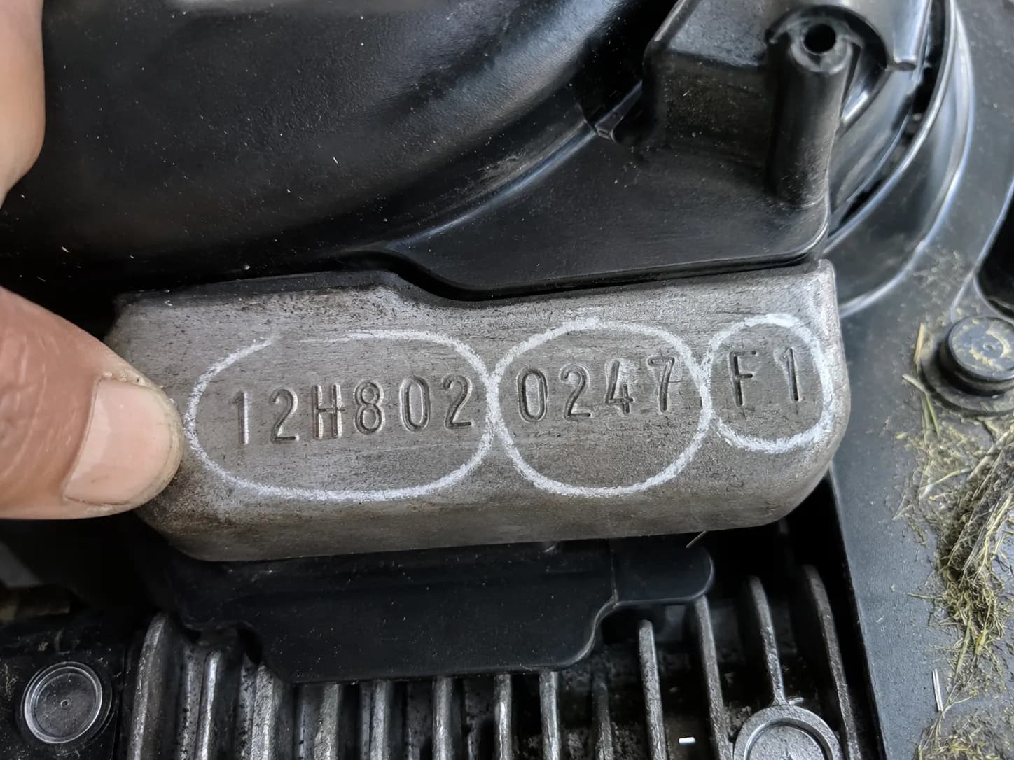 Close-up of a Briggs engine valve cover showing the stamped Model, Type, and Code identification numbers circled in white chalk after grass dust was wiped away.
