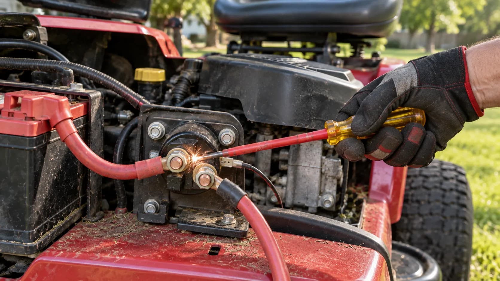 Bypassing a Murray riding mower solenoid by bridging the posts with a screwdriver.