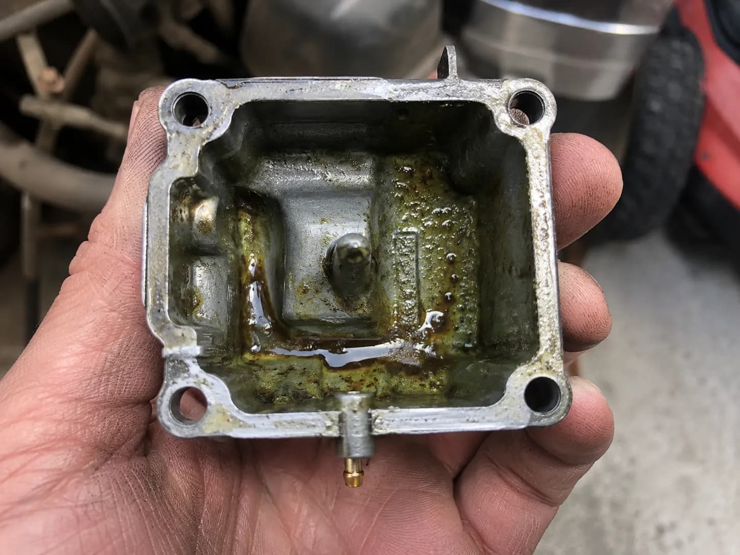 Close-up of a removed small-engine carburetor float bowl with green gummy varnish residue inside from stale gasoline buildup.