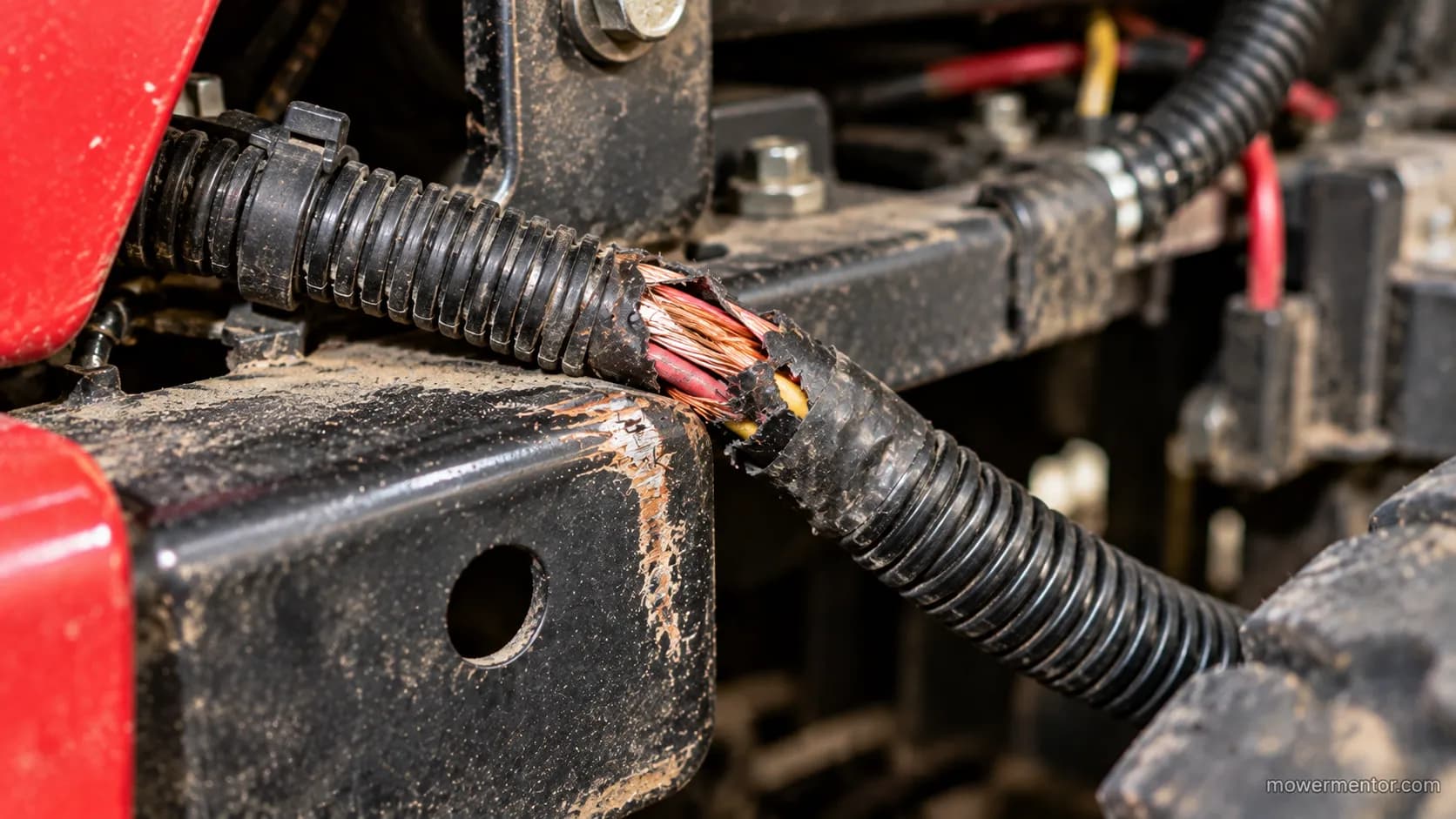 Riding mower wiring harness chafed through against the frame with bare copper exposed.