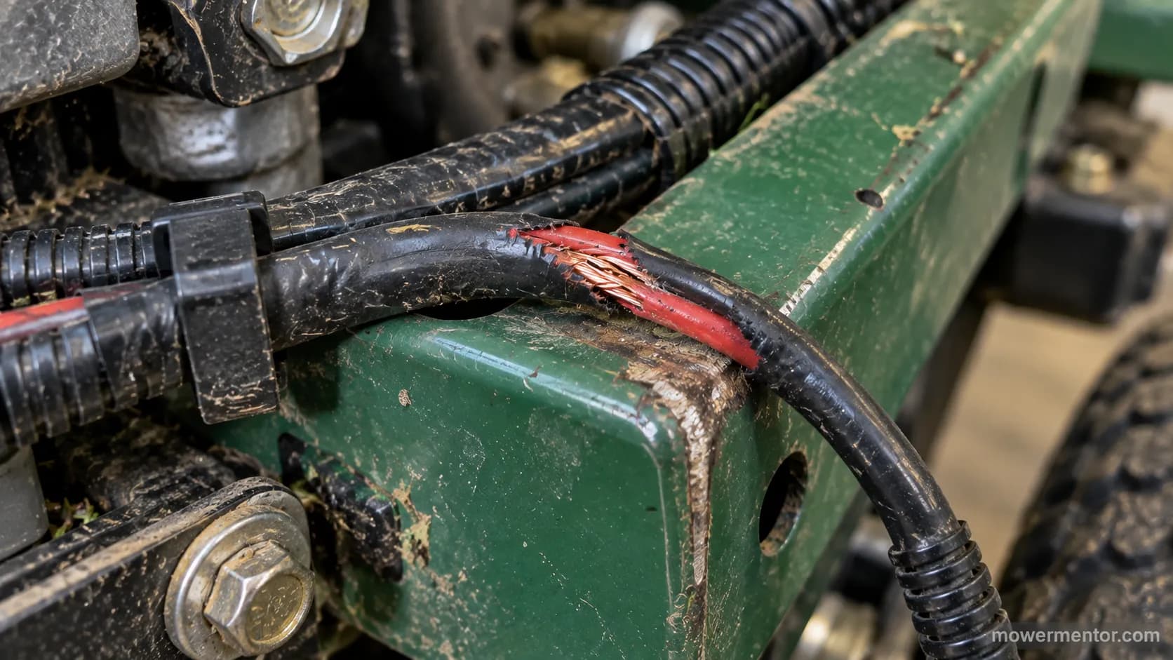 Chafed lawn mower harness wire worn to bare copper shorting on the frame