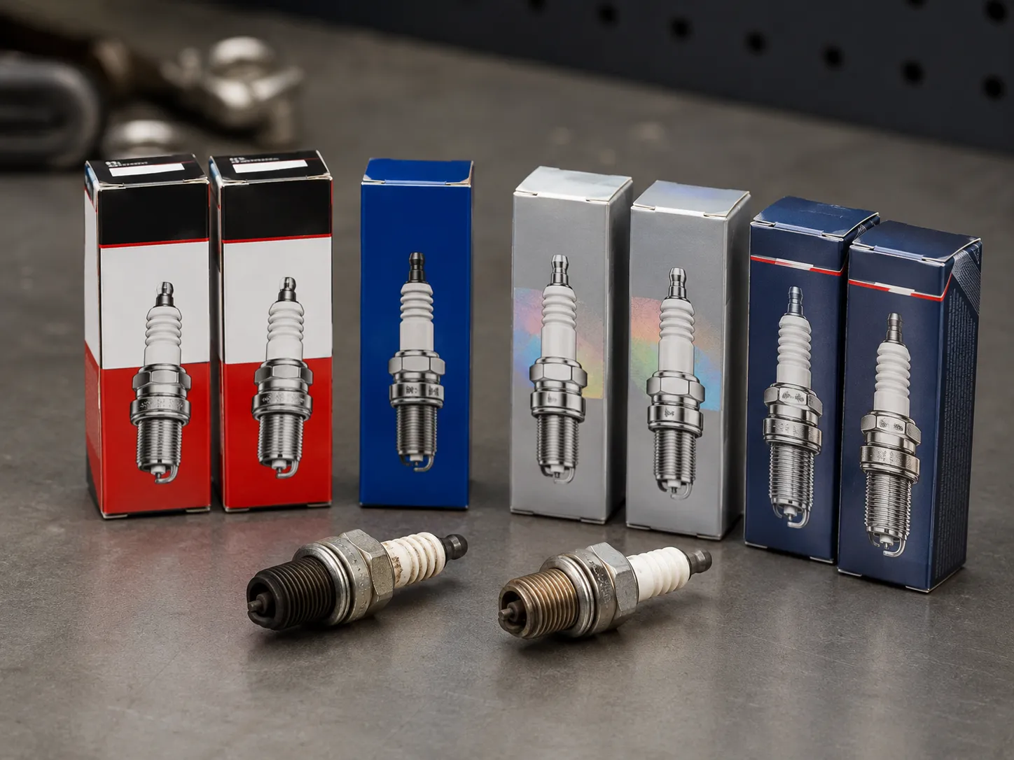 Boxed Champion and NGK replacement spark plugs arranged beside two used OEM lawn mower spark plugs on a clean workbench for comparison.