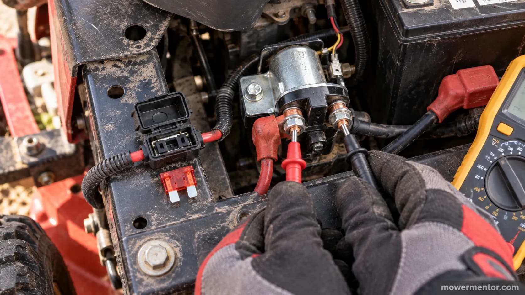 checking the fuse and starter solenoid on a riding mower before bypassing the ignition switch
