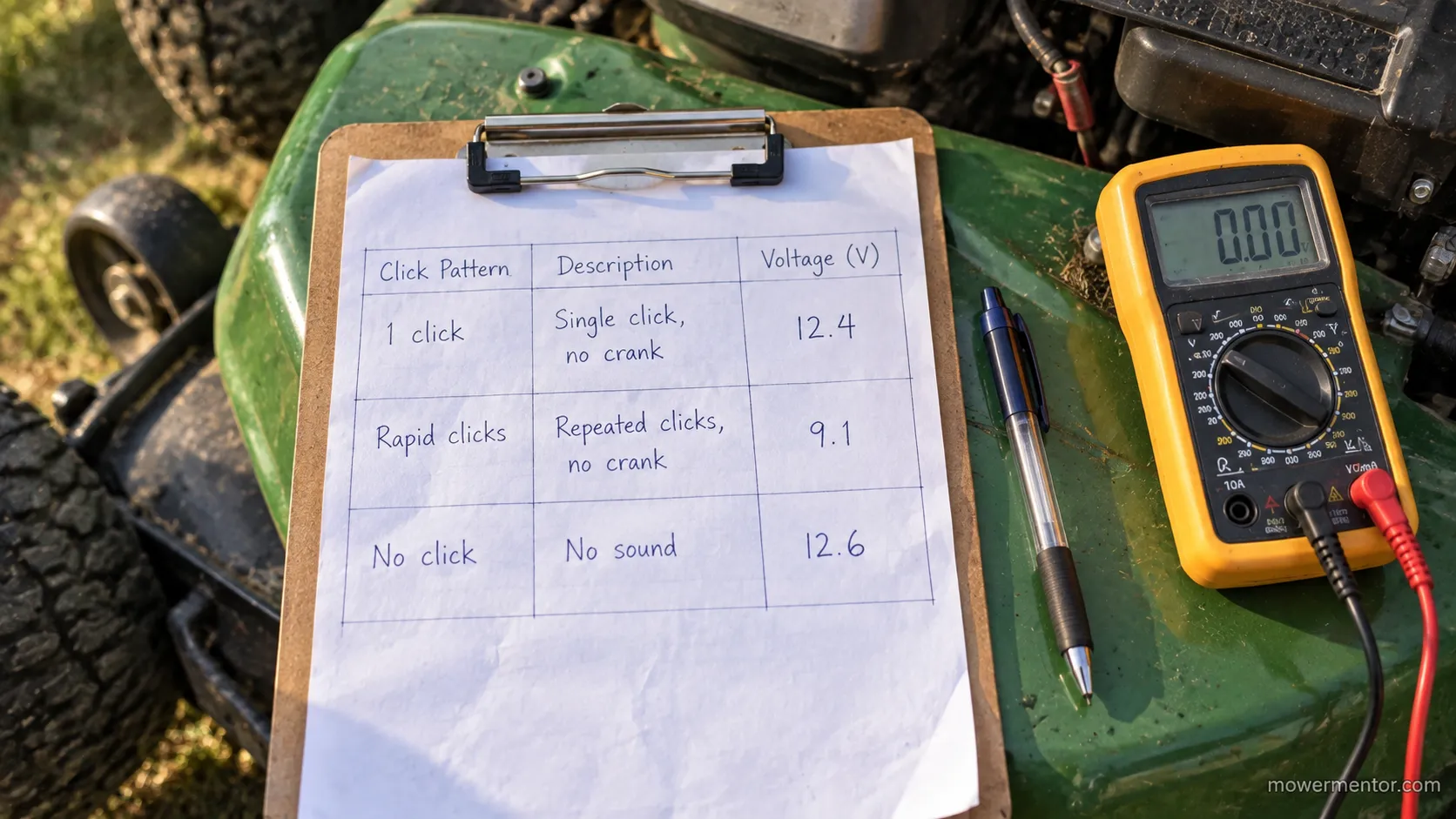 Hand-written log matching single, rapid, and no-click patterns to measured mower battery voltages.