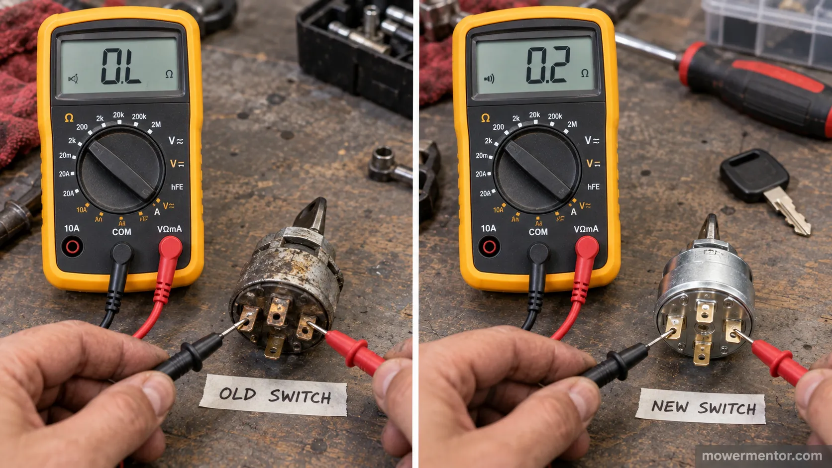 continuity readings before and after replacing a bad lawn mower ignition switch