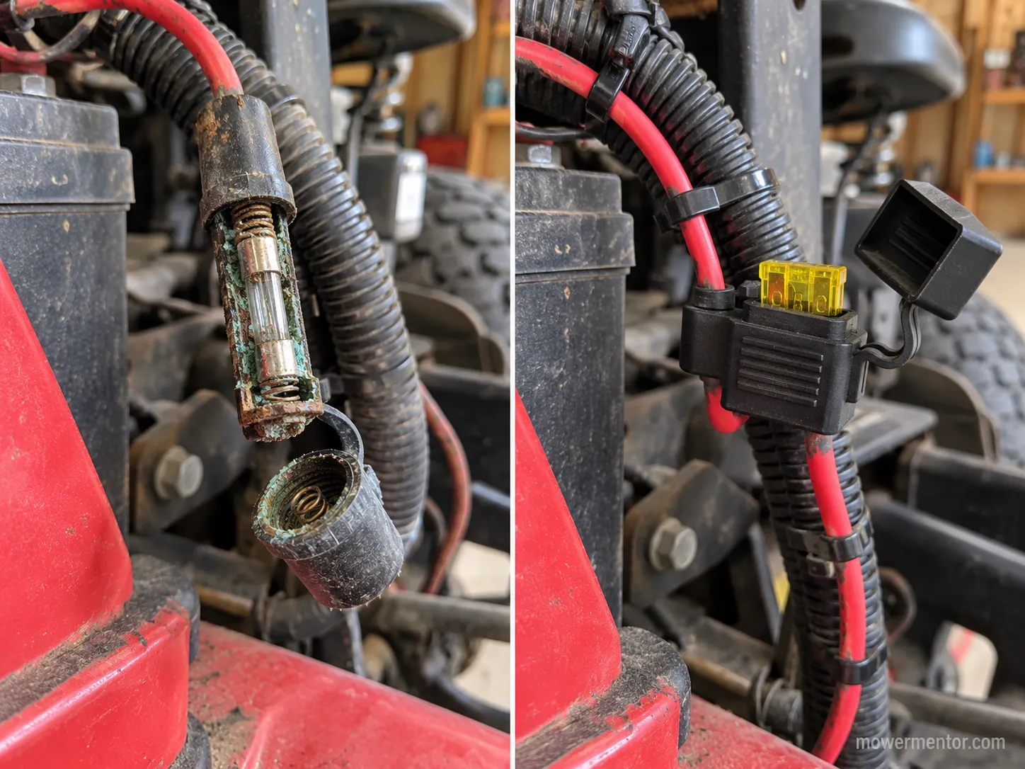 A corroded glass fuse holder next to a replacement inline blade fuse holder on a mower loom.