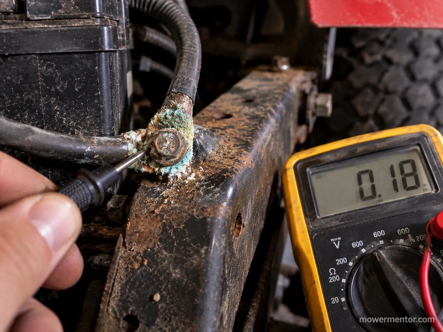 A corroded battery ground on a mower frame with a multimeter showing a small voltage drop.