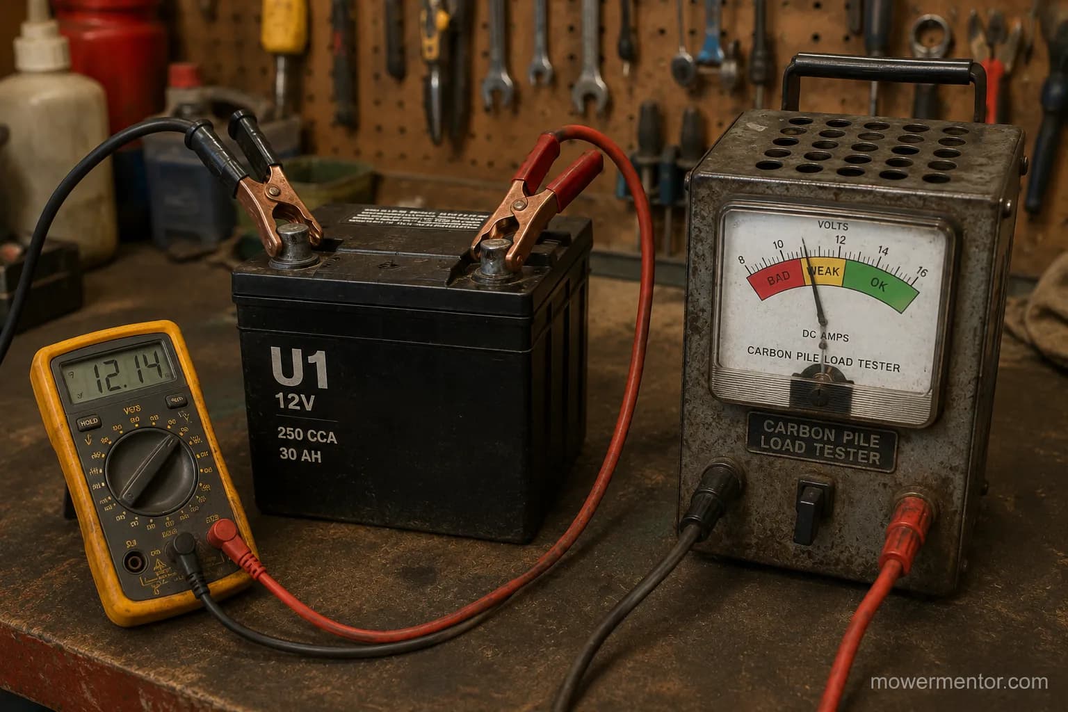Bench testing Craftsman mower batteries with a carbon-pile load tester.