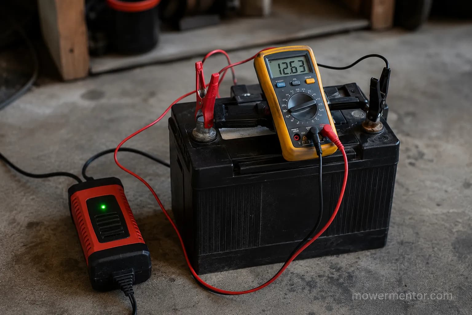 Testing and charging a Craftsman riding mower battery with a maintainer.
