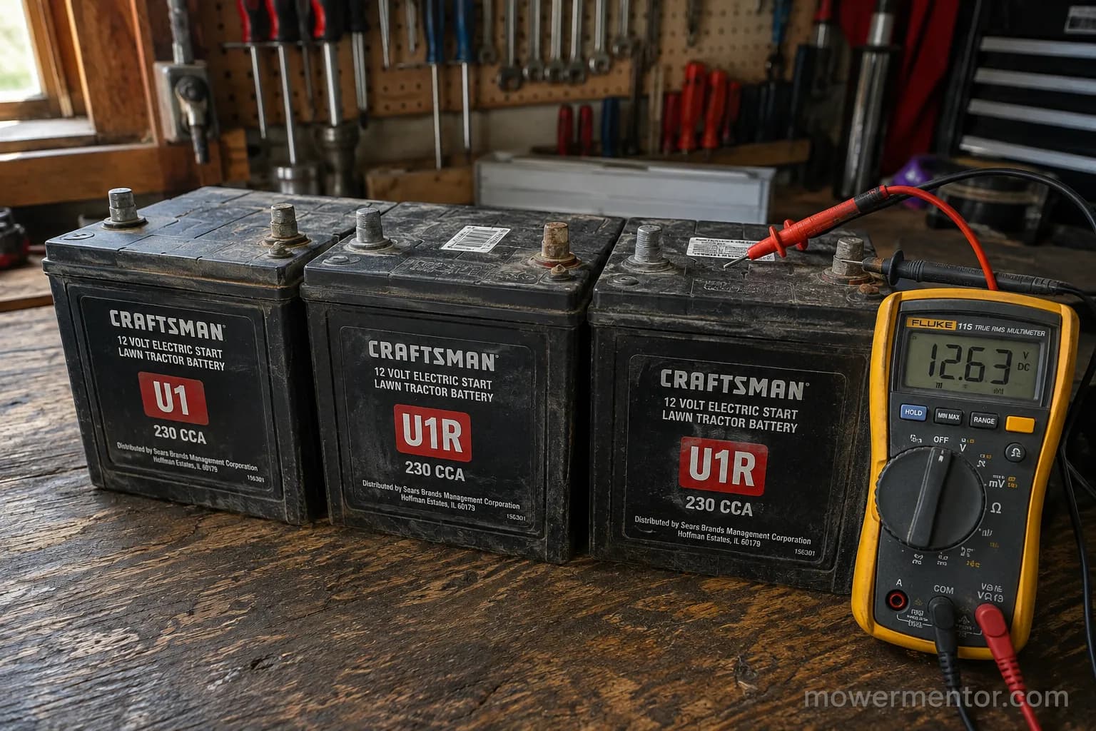 Craftsman riding mower battery group labels U1 and U1R with a multimeter.