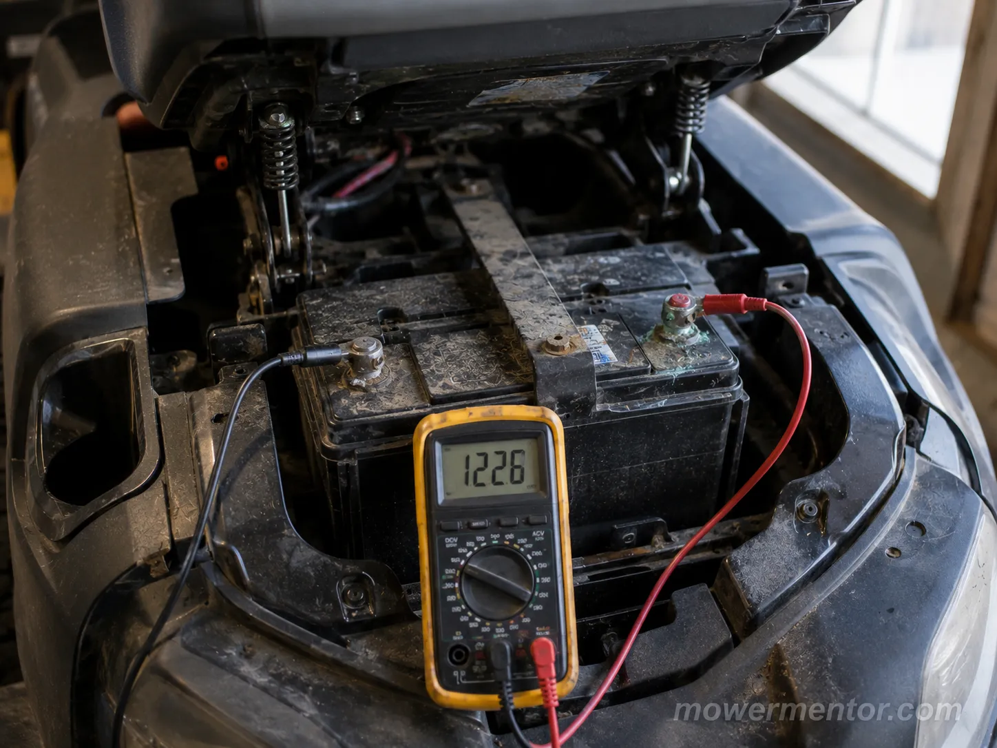 Multimeter showing low resting voltage on a Craftsman riding mower battery under the raised seat.