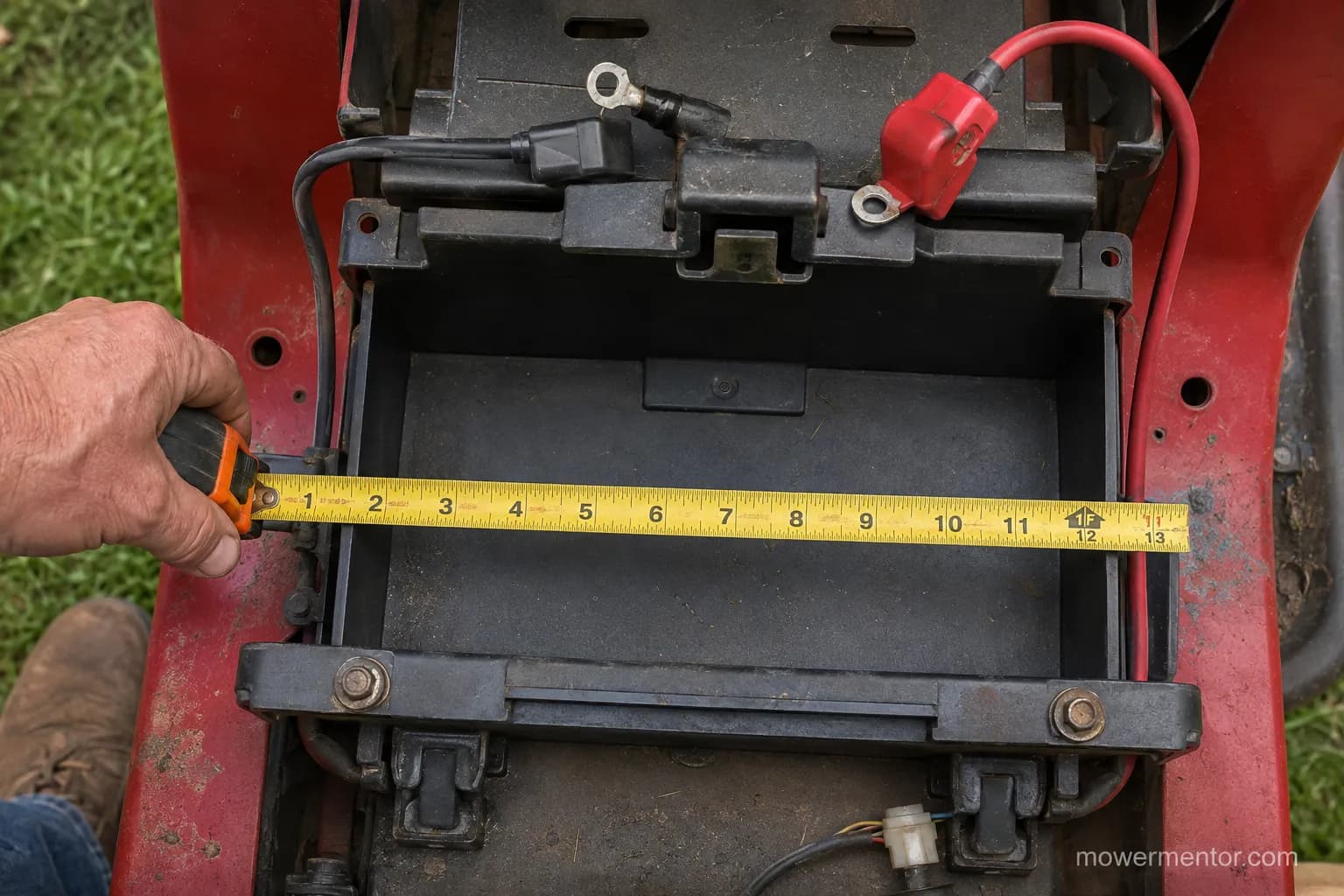Measuring a Craftsman riding mower battery tray to confirm fit.