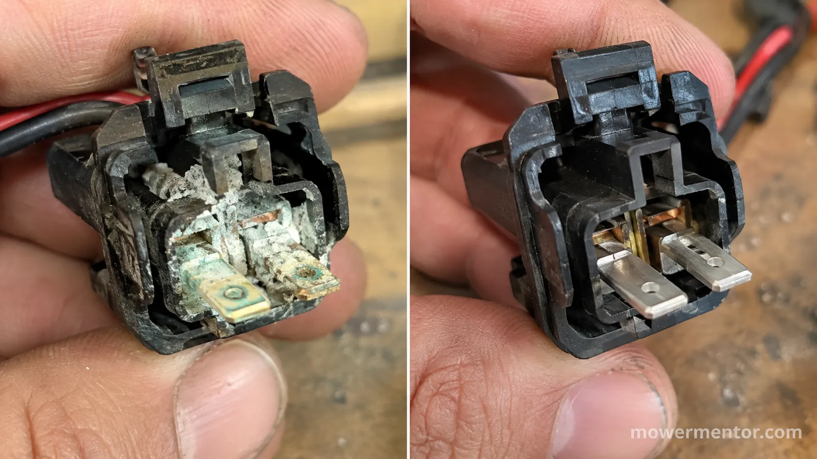 Corroded Craftsman switch connector beside the same connector cleaned