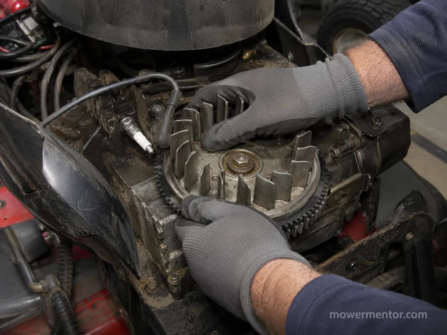 Gloved hands turning a Craftsman riding mower flywheel by hand to check for a seized engine.