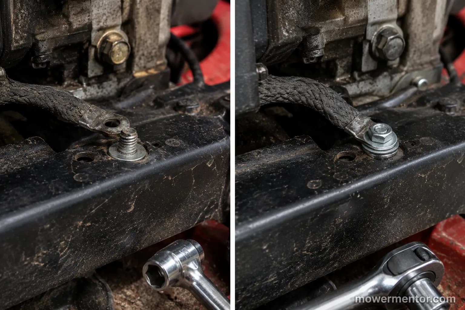 Before and after view of a loose then reseated engine-to-frame ground strap on a Craftsman riding mower.