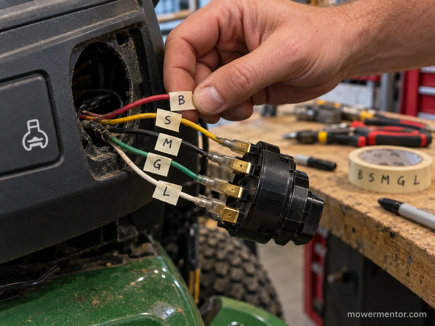 Labeled wires beside a Craftsman ignition switch before replacement.