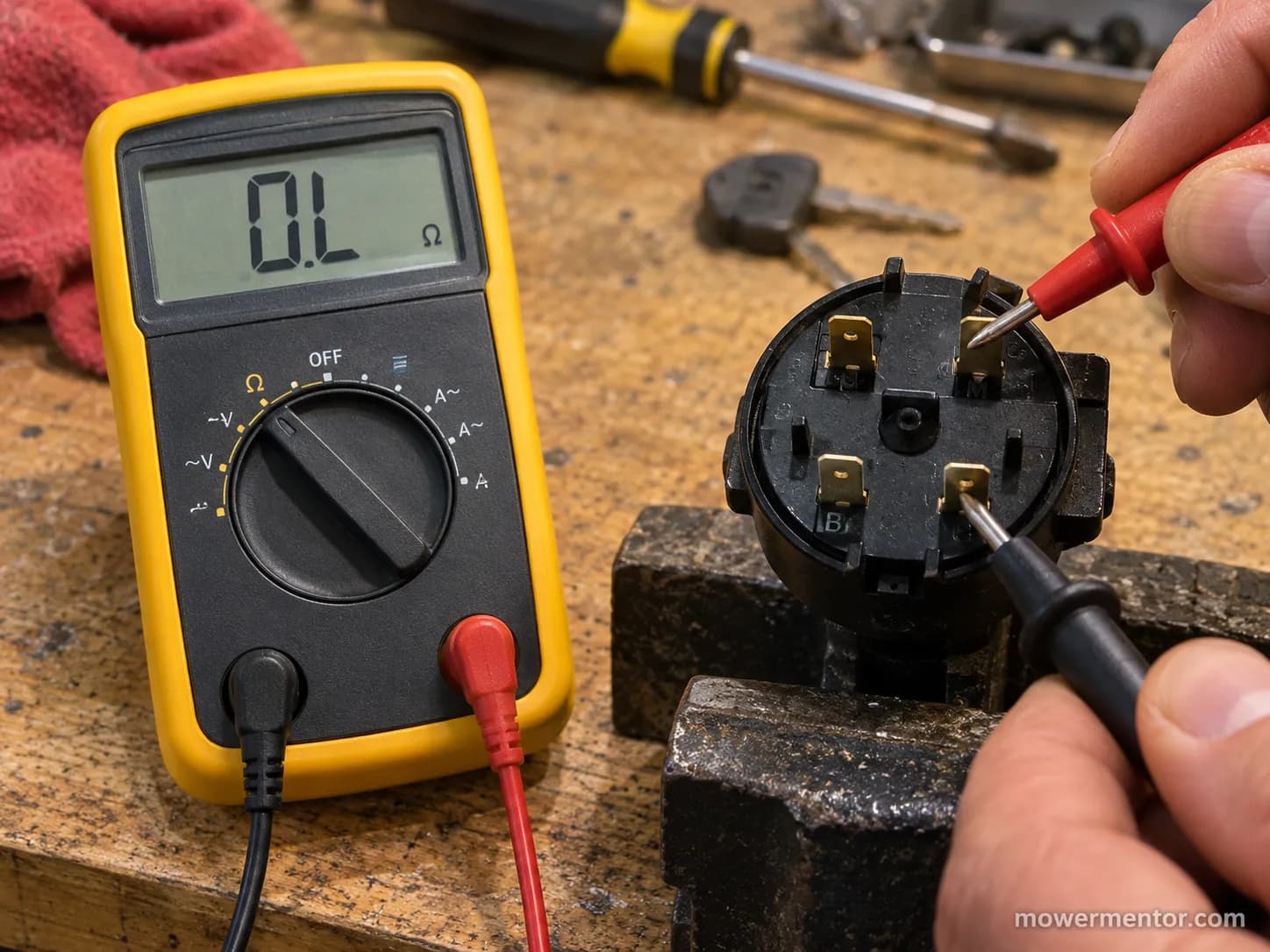 Multimeter showing no continuity at the M terminal of a Craftsman ignition switch.