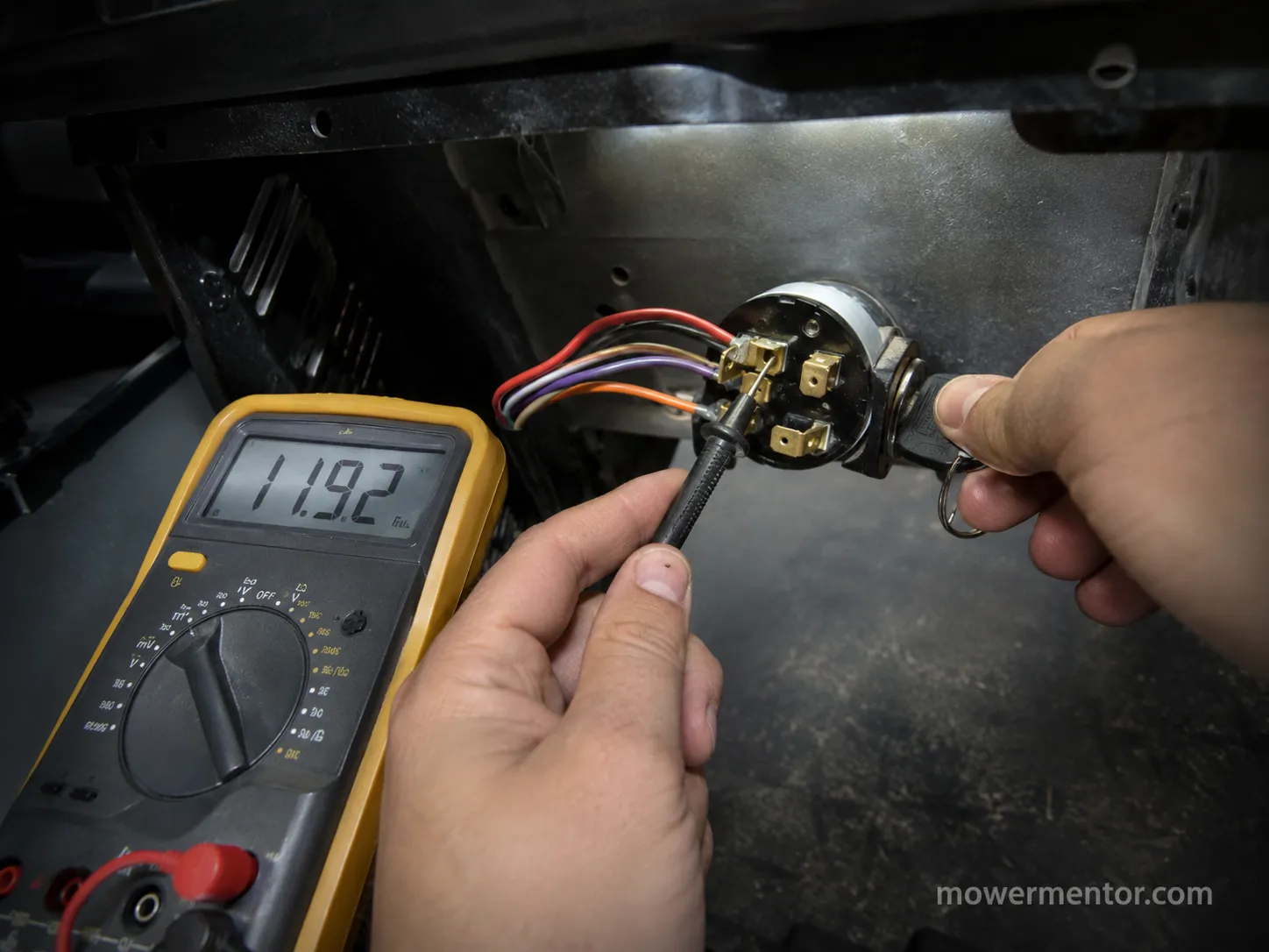 Multimeter back-probing the start terminal of a Craftsman lawn mower ignition switch during testing.
