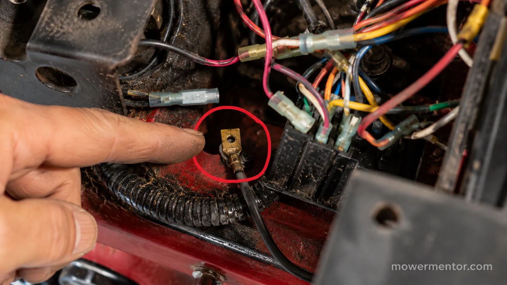 Craftsman interlock wiring harness with the ignition ground terminal marked
