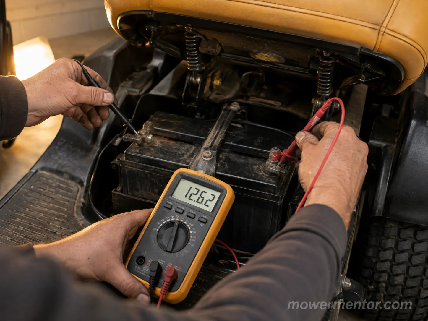 Digital multimeter measuring voltage on a Craftsman riding mower battery under the lifted seat.