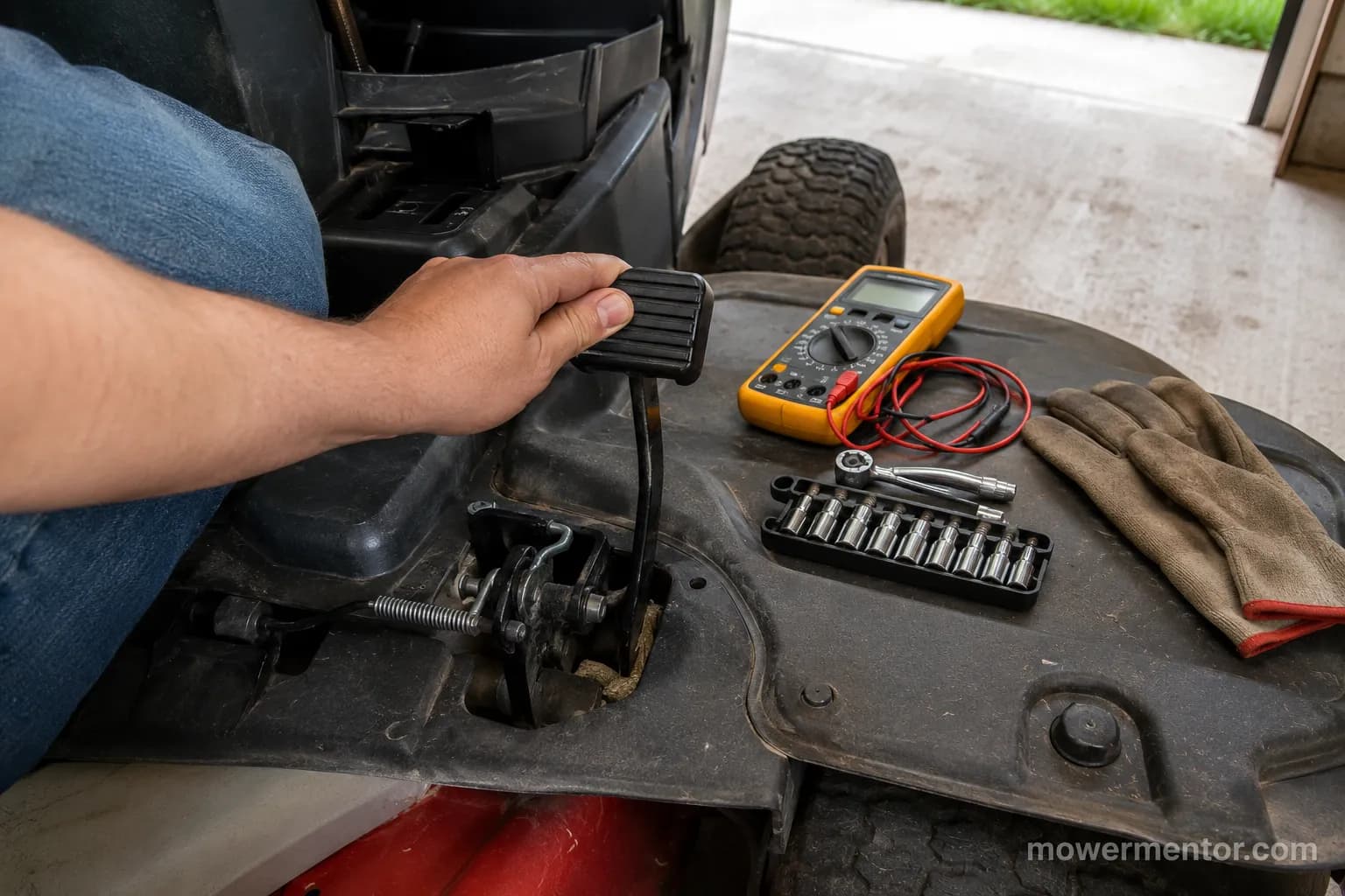 Hand setting a Craftsman riding mower parking brake with a multimeter and socket set laid out nearby.