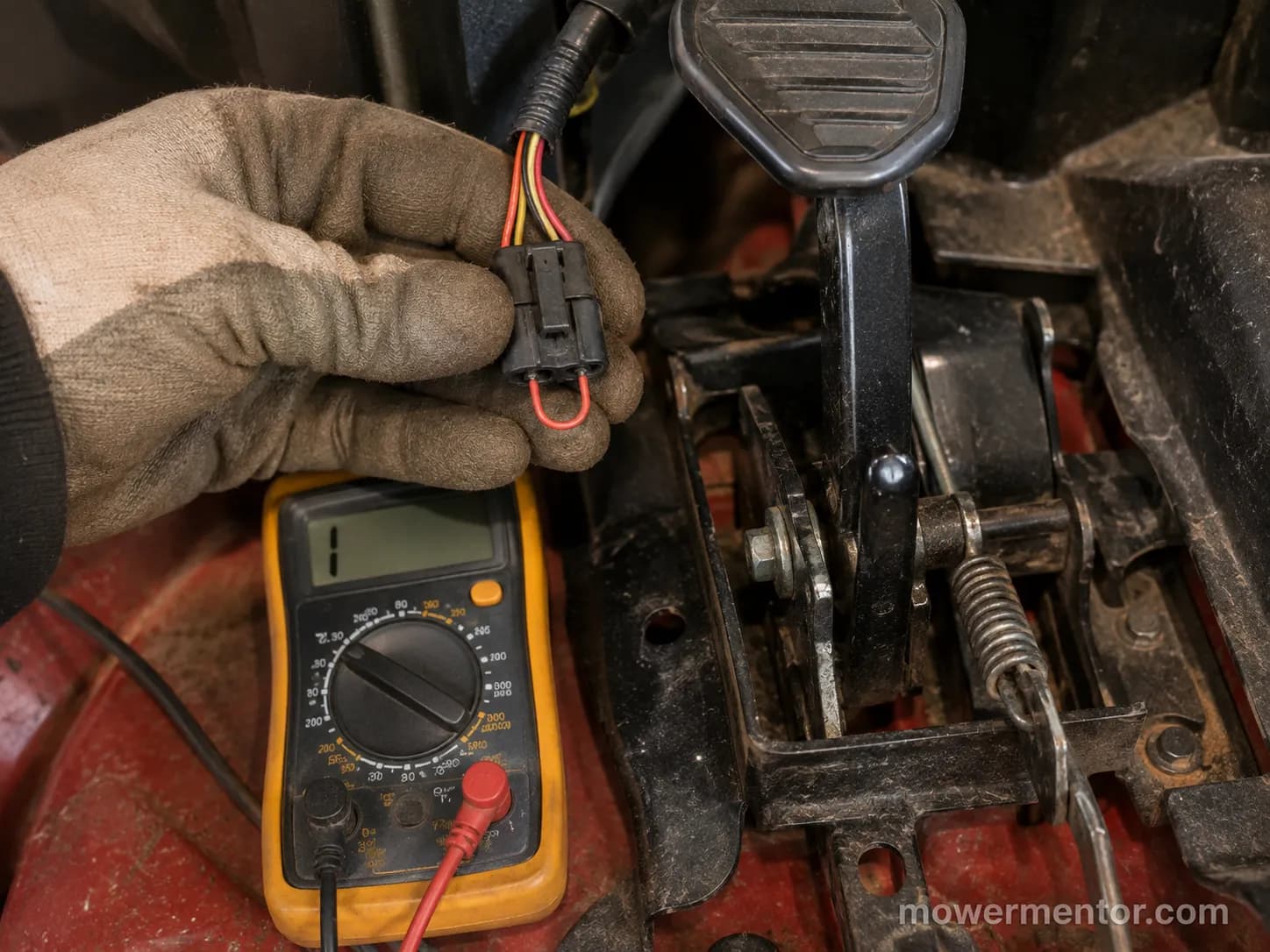 Jumper wire and multimeter testing a Craftsman brake safety-switch connector during diagnosis.