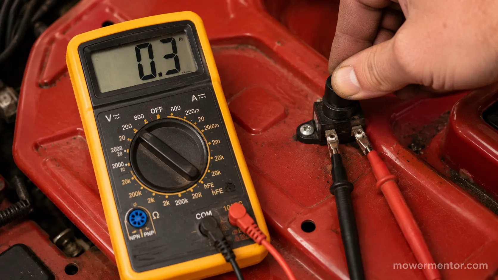 Multimeter reading continuity across a pressed Craftsman seat safety switch