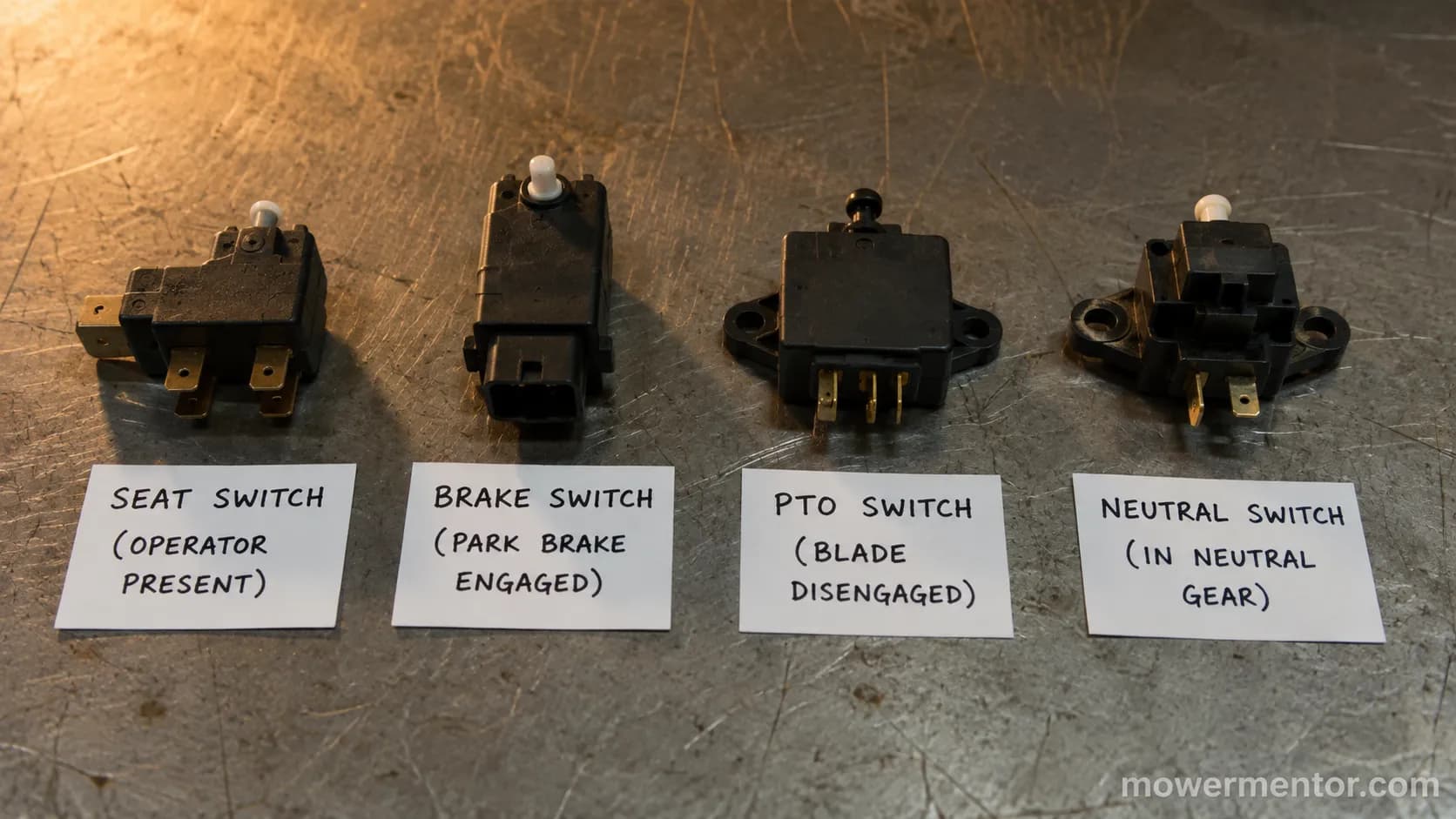 Four Craftsman riding mower interlock switches labeled on a workbench