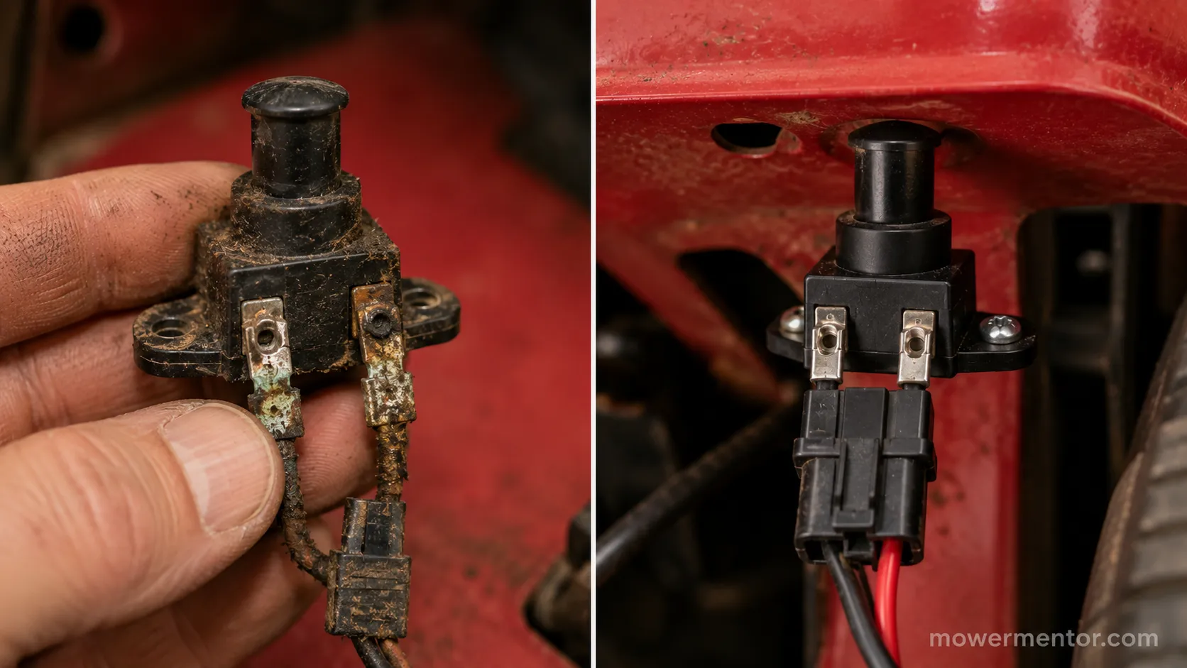 Corroded Craftsman seat switch beside its clean replacement