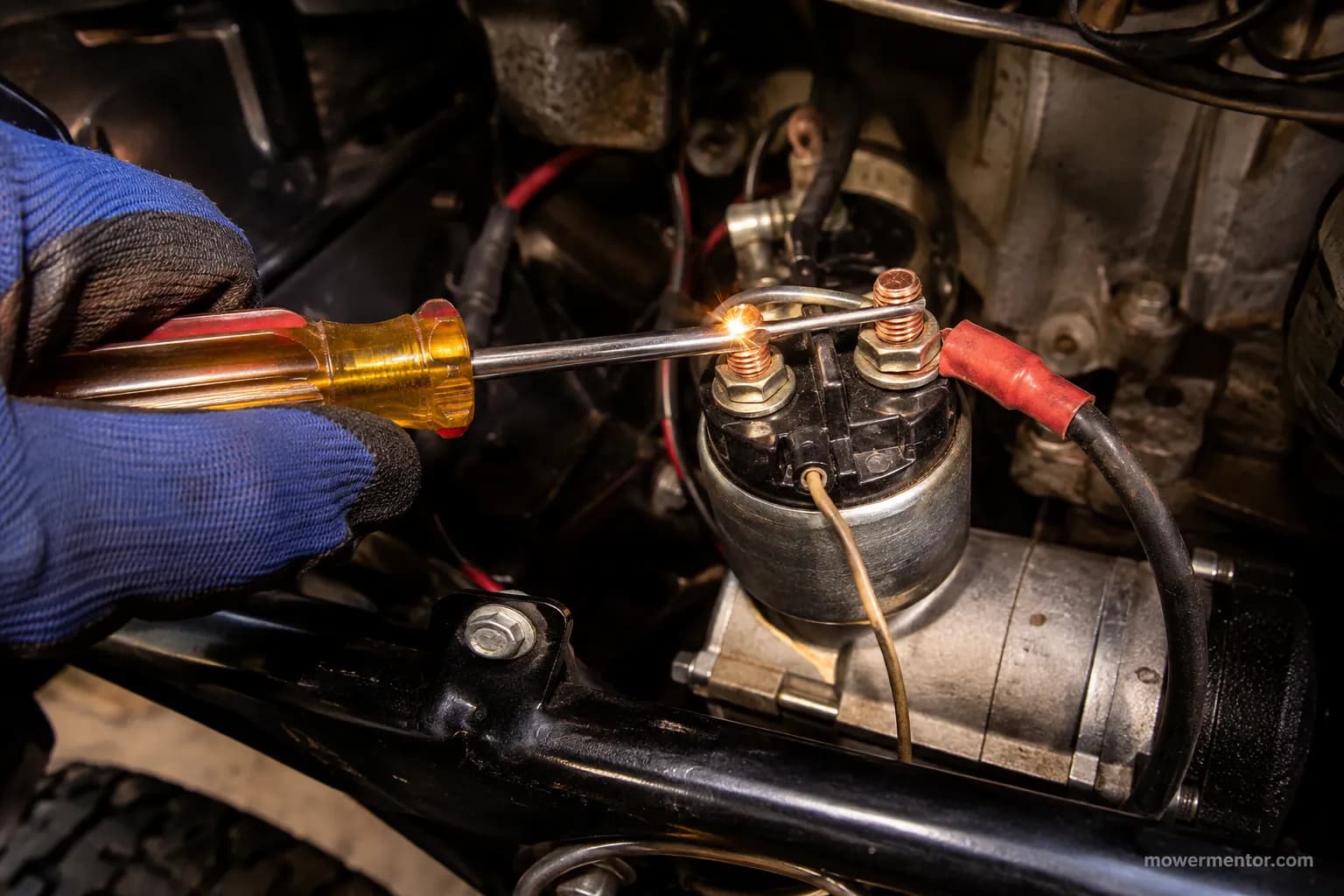 Screwdriver bridging the two large posts of a Craftsman starter solenoid to test the starter.