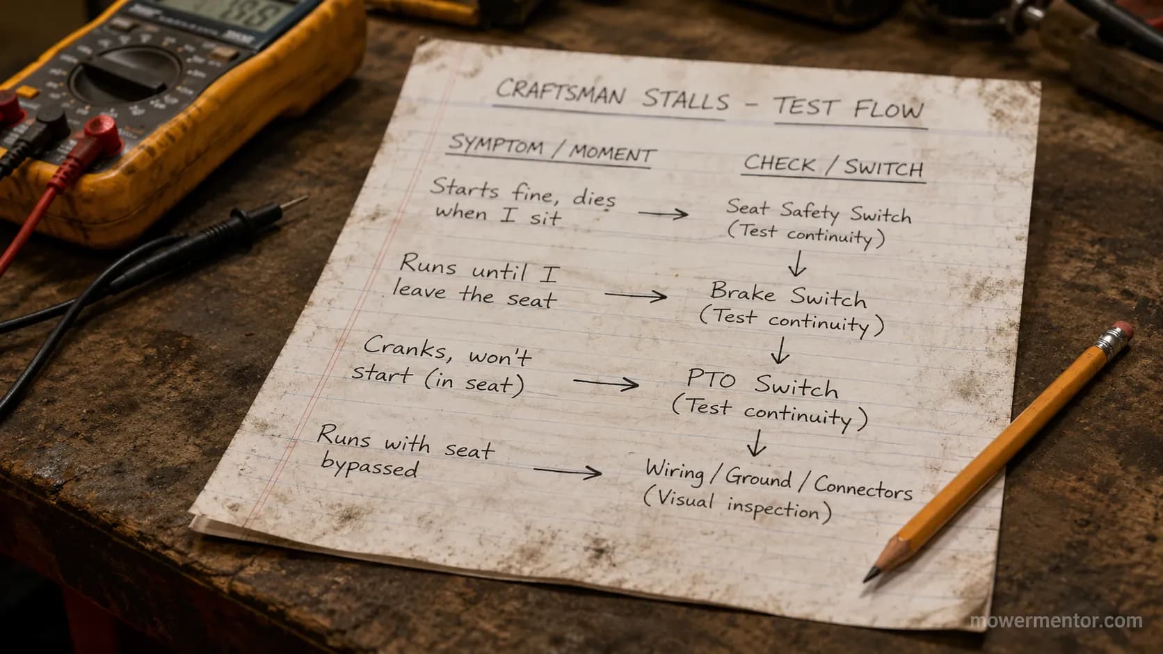 Handwritten symptom-to-switch diagnostic card for Craftsman interlocks