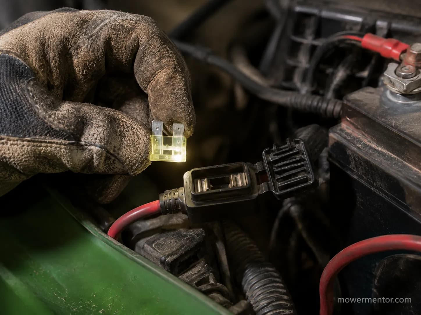 Checking the 20-amp inline main fuse near the battery on a Cub Cadet riding mower.
