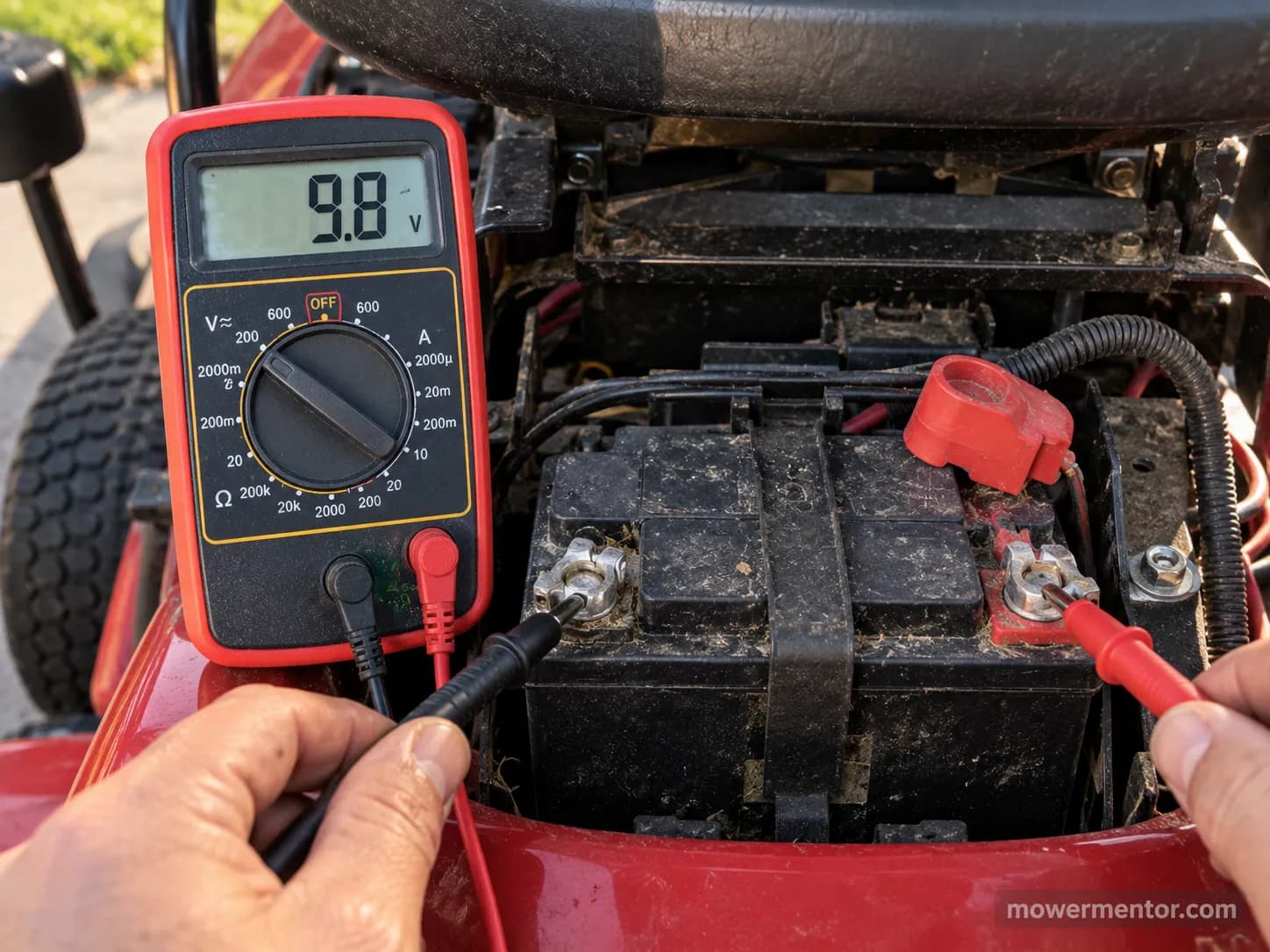 Multimeter reading a Cub Cadet battery voltage dropping during cranking.