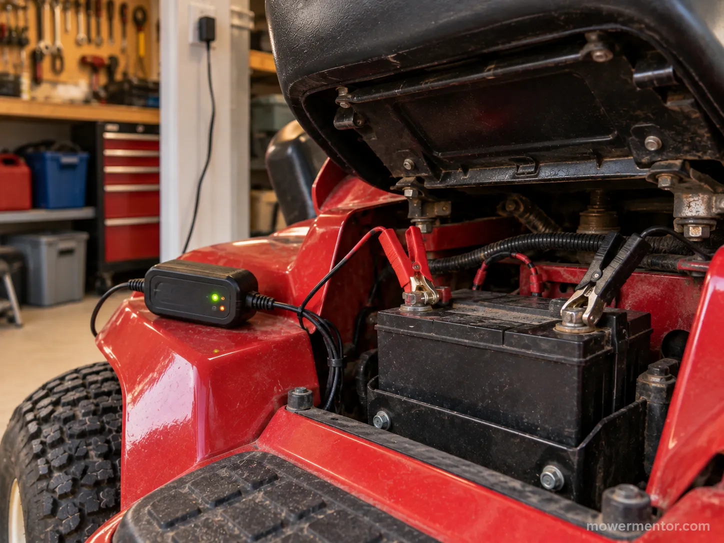 Battery maintainer connected to a Cub Cadet riding mower for off-season storage.