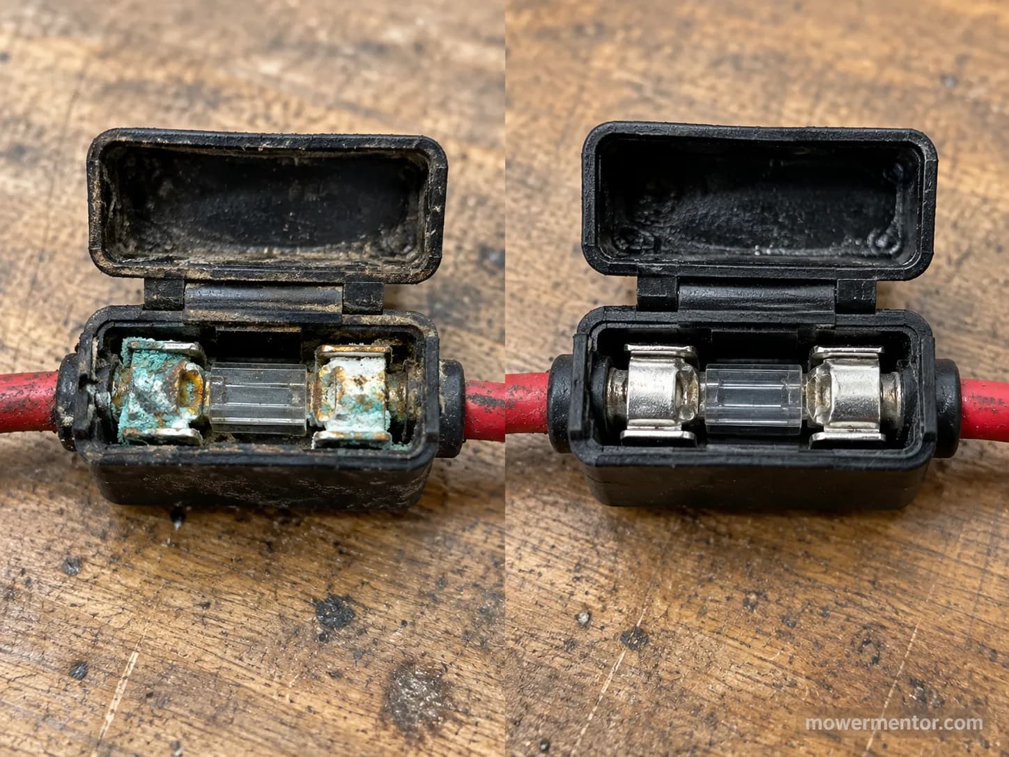 Corroded and cleaned in-line fuse holder on a Cub Cadet riding mower.