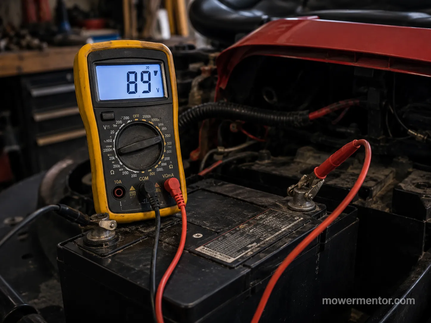 Multimeter reading low cranking voltage on a Cub Cadet mower battery during a start attempt.