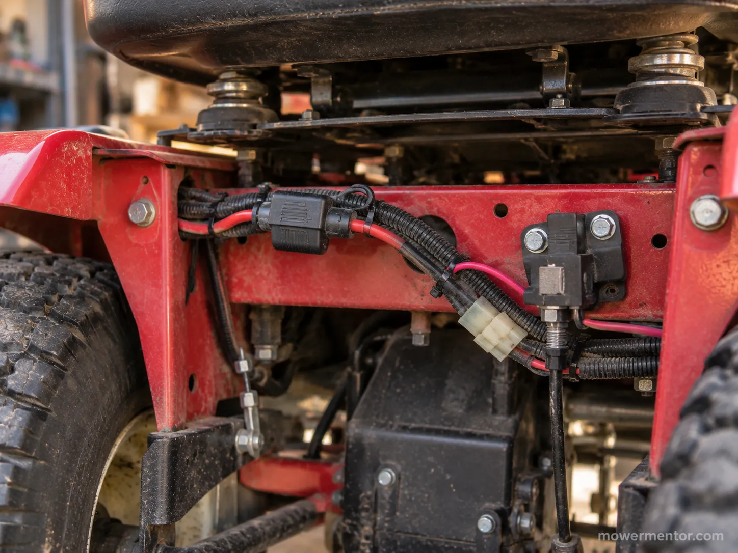 Fuse holder and safety switch on the rear frame of a Cub Cadet riding mower.