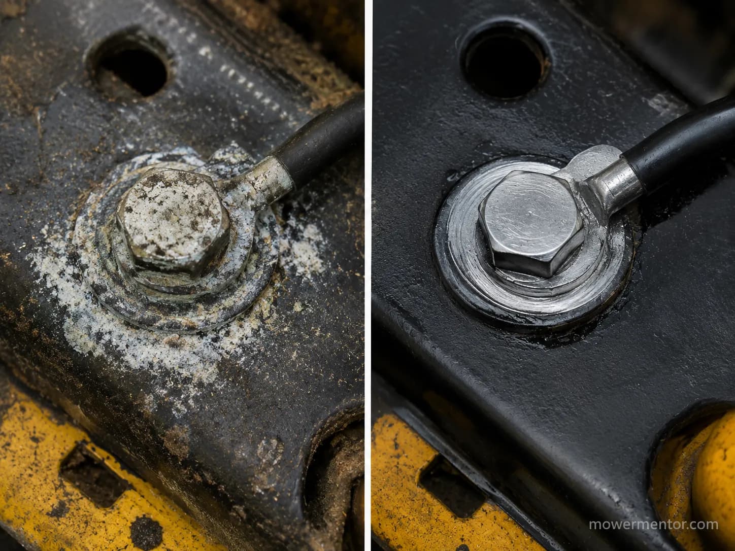 Before and after cleaning a corroded frame ground bolt on a Cub Cadet riding mower.