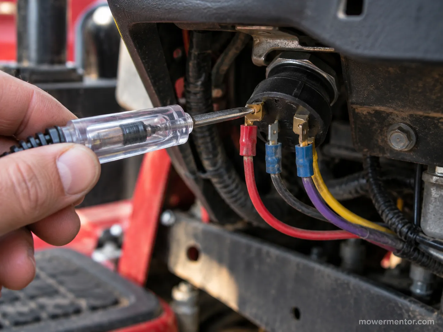 12-volt test light on a Cub Cadet ignition B terminal showing no power.