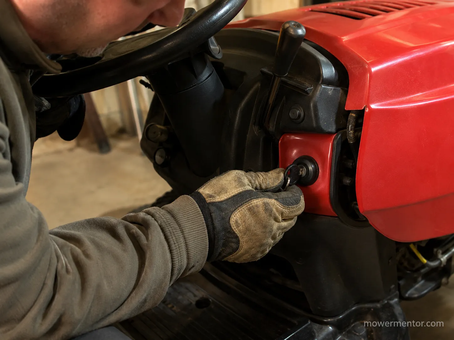 Turning the ignition key on a Cub Cadet riding mower to hear whether the click is rapid or a single click.