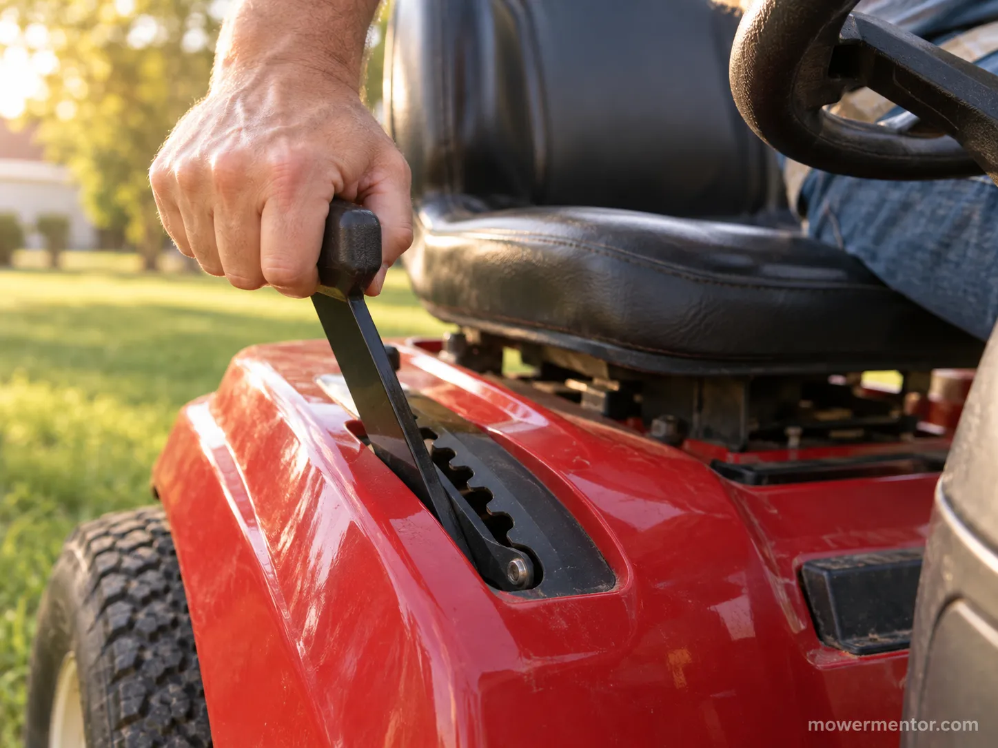 Hand engaging the parking brake on a Cub Cadet riding mower before starting.