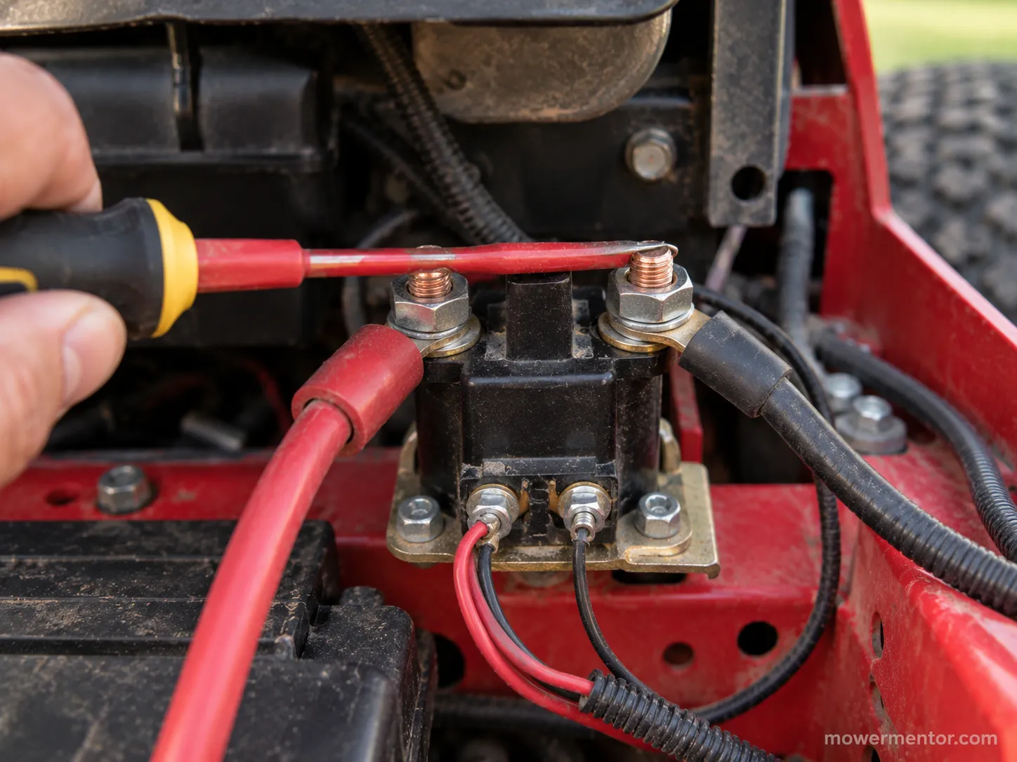 Screwdriver bridging the large terminals on a Cub Cadet starter solenoid.