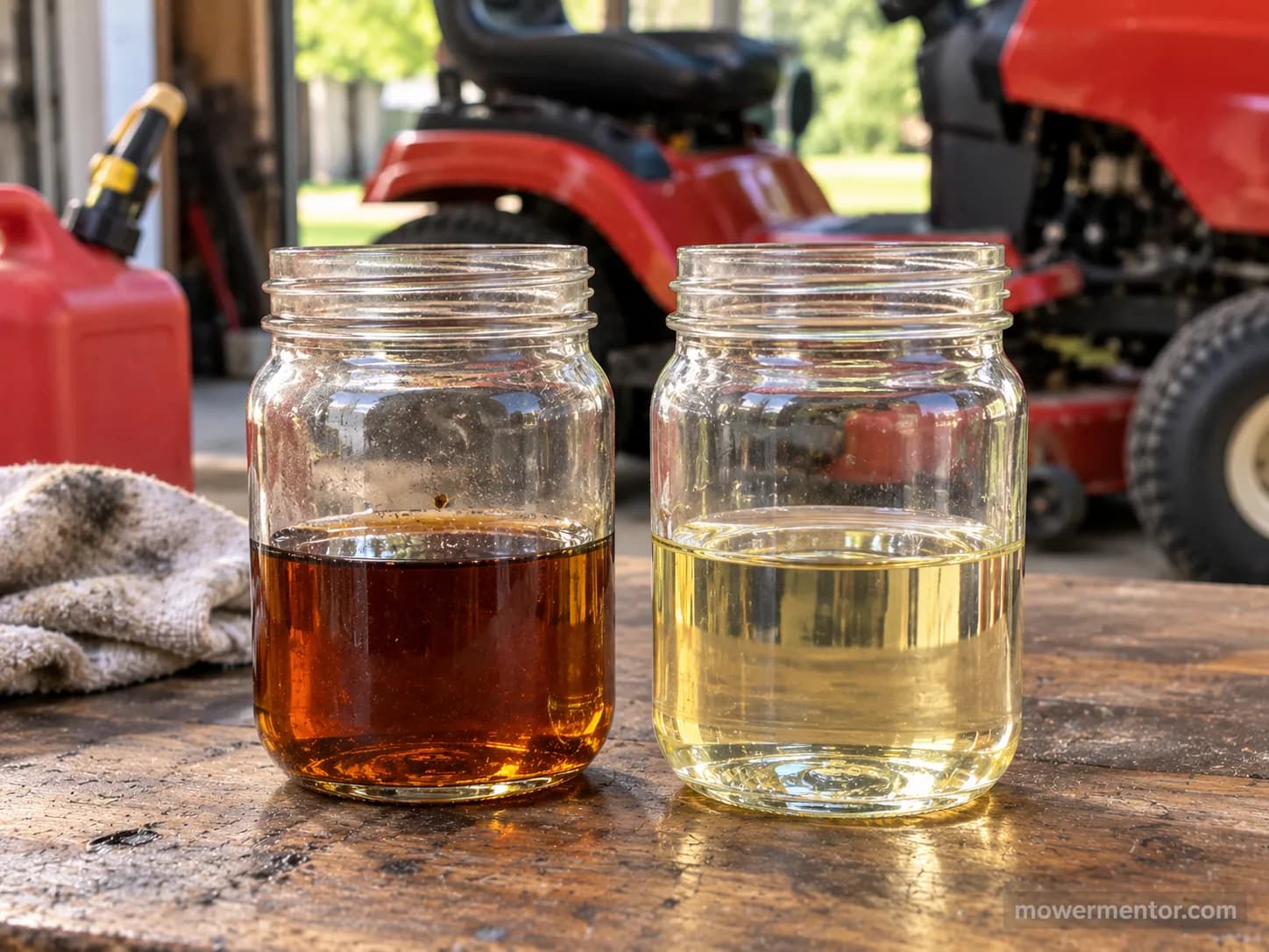 Stale drained fuel beside fresh gasoline from a Cub Cadet after winter storage.