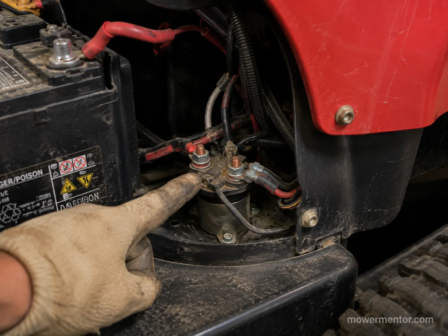 Starter solenoid location under the fender on a Cub Cadet XT1 riding mower.