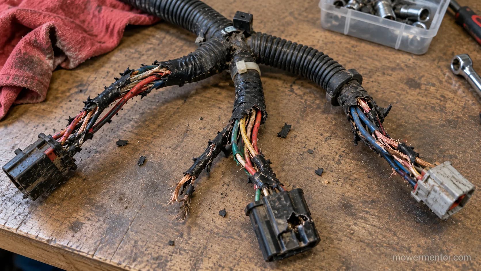 Damaged Husqvarna riding mower wiring harness beyond repair with chewed branches