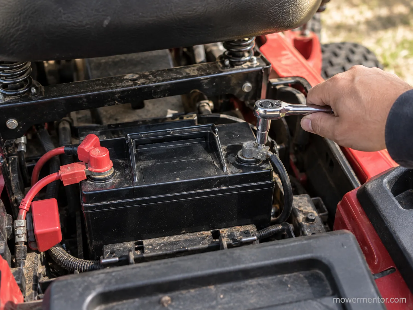 A hand disconnecting the negative cable first when replacing a Troy-Bilt mower battery.